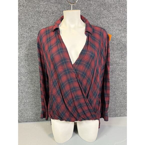 Abercrombie & Fitch Shirt Medium Twist Front Hi Low Hem Red Plaid Long Sleeve - Picture 1 of 11